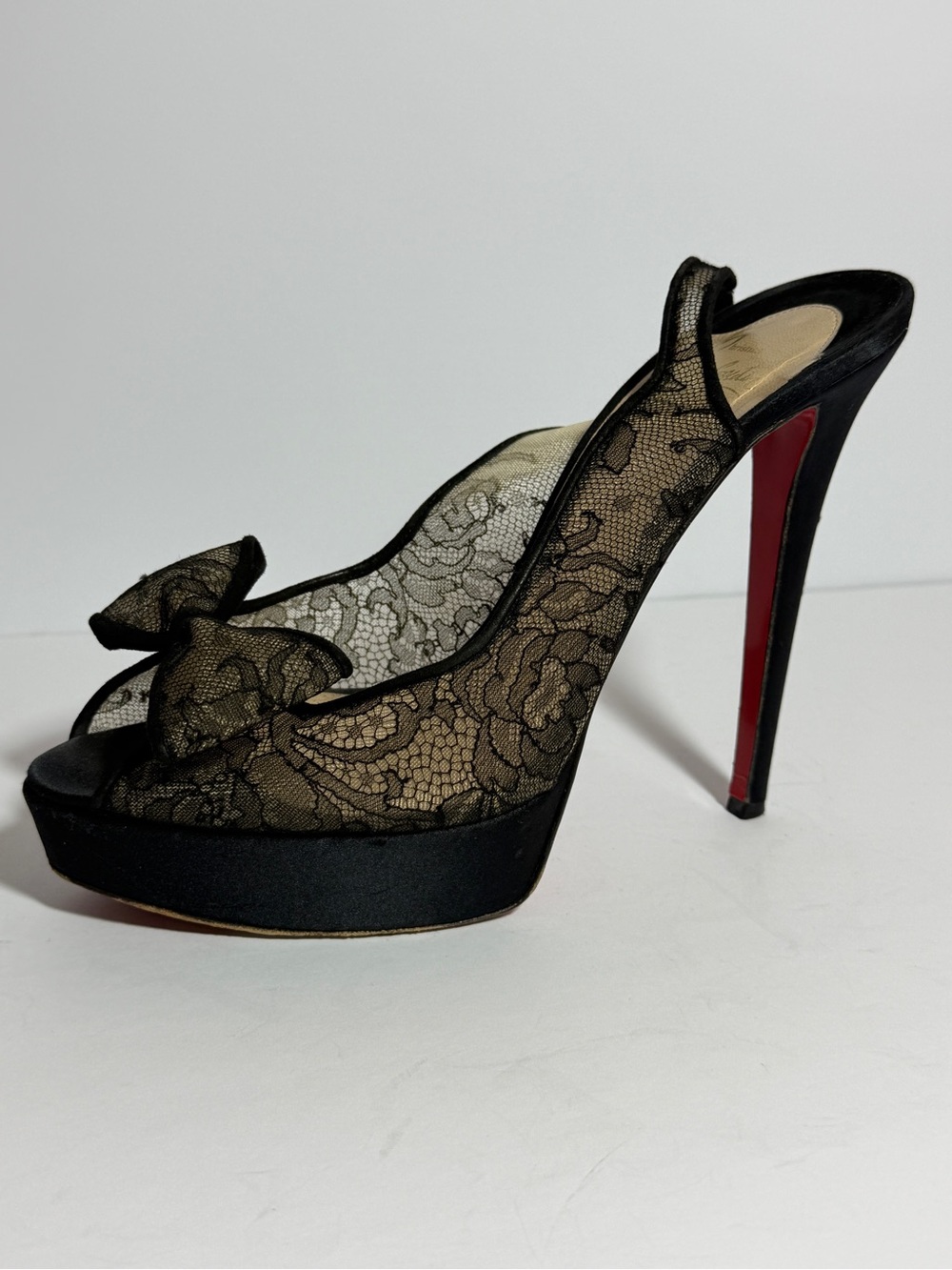 Christian Louboutin Exclu 140 Satin Black Lace Peep-Toe Heels
